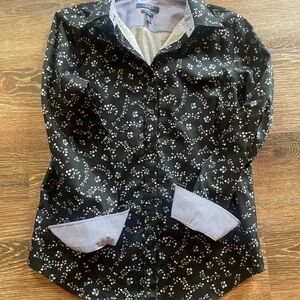 Chaps Black Floral Button-Down Shirt with Pink & White Accents